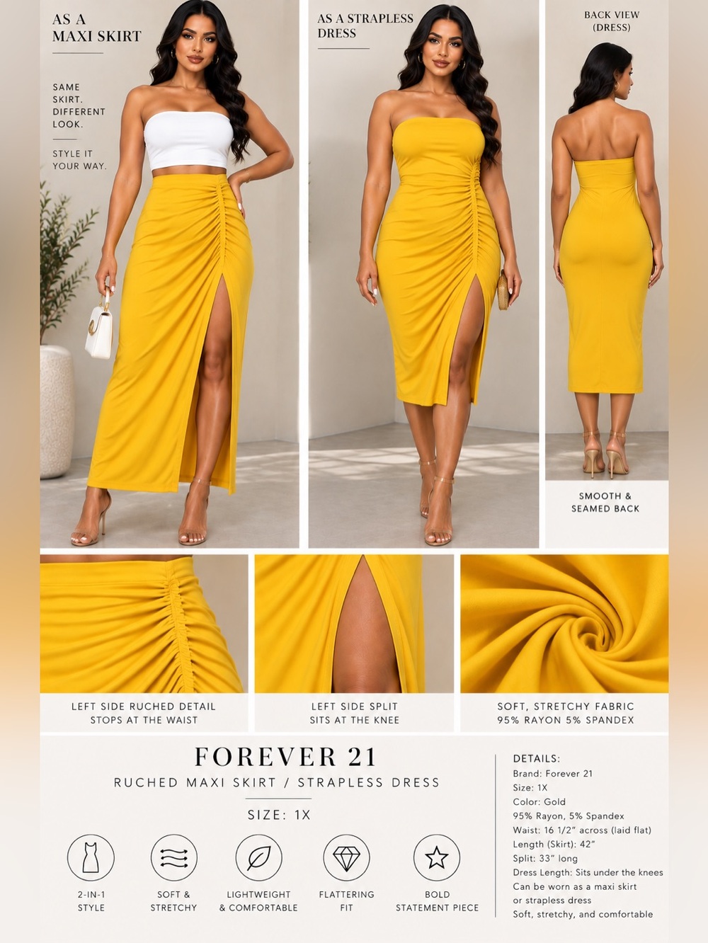 FOREVER 21 MAXI SKIRT/STRAPLESS DRESS - YELLOW SIZE 1X (NEW WITH TAGS) A35